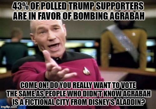 Picard Wtf | 43% OF POLLED TRUMP SUPPORTERS ARE IN FAVOR OF BOMBING AGRABAH; COME ON! DO YOU REALLY WANT TO VOTE THE SAME AS PEOPLE WHO DIDN'T KNOW AGRABAH IS A FICTIONAL CITY FROM DISNEY'S ALADDIN? | image tagged in memes,picard wtf | made w/ Imgflip meme maker