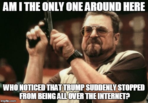 Is That True Or Is It Just Me? | AM I THE ONLY ONE AROUND HERE; WHO NOTICED THAT TRUMP SUDDENLY STOPPED FROM BEING ALL OVER THE INTERNET? | image tagged in memes,am i the only one around here,donald trump,trump,notice | made w/ Imgflip meme maker