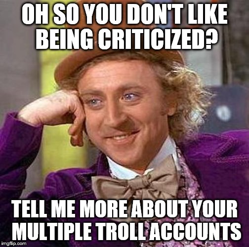 Creepy Condescending Wonka Meme | OH SO YOU DON'T LIKE BEING CRITICIZED? TELL ME MORE ABOUT YOUR MULTIPLE TROLL ACCOUNTS | image tagged in memes,creepy condescending wonka | made w/ Imgflip meme maker