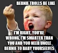 BERNIE TROLLS BE LIKE; I'M RIGHT, YOU'RE WRONG, I'M SMARTER THAN YOU AND YOU NEED UNCLE BERNIE TO BABY YOURSELVES | image tagged in bernie sanders,trolls | made w/ Imgflip meme maker