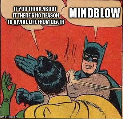 Batman Slapping Robin | IF YOU THINK ABOUT IT THERE'S NO REASON TO DIVIDE LIFE FROM DEATH; MINDBLOW | image tagged in memes,batman slapping robin | made w/ Imgflip meme maker