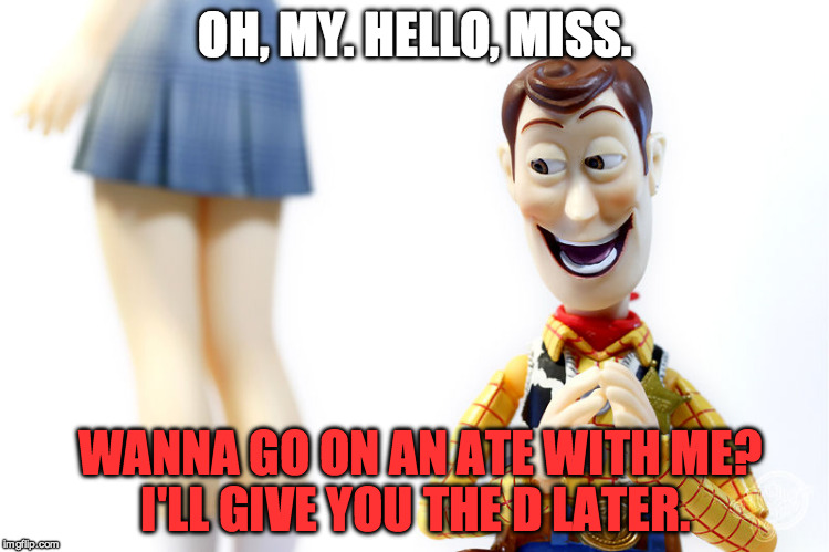 Woody's Bad Pickup Lines #12 | OH, MY. HELLO, MISS. WANNA GO ON AN ATE WITH ME? I'LL GIVE YOU THE D LATER. | image tagged in hentai woody,woody,pickup lines,stupid,funny,date | made w/ Imgflip meme maker
