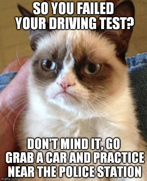 Grumpy Cat | SO YOU FAILED YOUR DRIVING TEST? DON'T MIND IT, GO GRAB A CAR AND PRACTICE NEAR THE POLICE STATION | image tagged in memes,grumpy cat | made w/ Imgflip meme maker