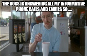 So I Guess You Can Say Things Are Getting Pretty Serious | THE BOSS IS ANSWERING ALL MY INFORMATIVE PHONE CALLS AND EMAILS SO..... | image tagged in memes,so i guess you can say things are getting pretty serious | made w/ Imgflip meme maker