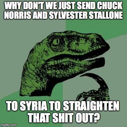 Philosoraptor | WHY DON'T WE JUST SEND CHUCK NORRIS AND SYLVESTER STALLONE; TO SYRIA TO STRAIGHTEN THAT SHIT OUT? | image tagged in memes,philosoraptor | made w/ Imgflip meme maker