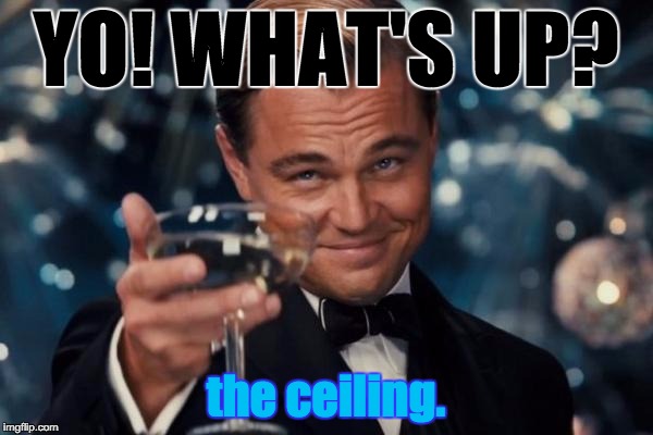 Leonardo Dicaprio Cheers Meme | YO! WHAT'S UP? the ceiling. | image tagged in memes,leonardo dicaprio cheers | made w/ Imgflip meme maker