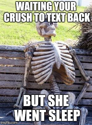 Waiting Skeleton | WAITING YOUR CRUSH TO TEXT BACK; BUT SHE WENT SLEEP | image tagged in memes,waiting skeleton | made w/ Imgflip meme maker