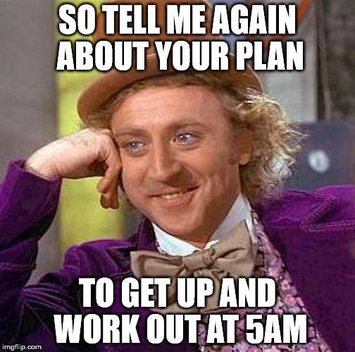 Creepy Condescending Wonka Meme | SO TELL ME AGAIN ABOUT YOUR PLAN; TO GET UP AND WORK OUT AT 5AM | image tagged in memes,creepy condescending wonka | made w/ Imgflip meme maker