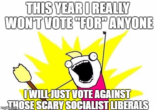 X All The Y Meme | THIS YEAR I REALLY WON'T VOTE "FOR" ANYONE I WILL JUST VOTE AGAINST THOSE SCARY SOCIALIST LIBERALS | image tagged in memes,x all the y | made w/ Imgflip meme maker