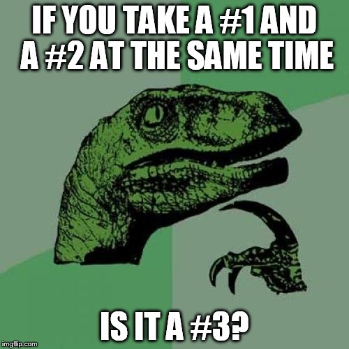 Philosoraptor | IF YOU TAKE A #1 AND A #2 AT THE SAME TIME; IS IT A #3? | image tagged in memes,philosoraptor | made w/ Imgflip meme maker