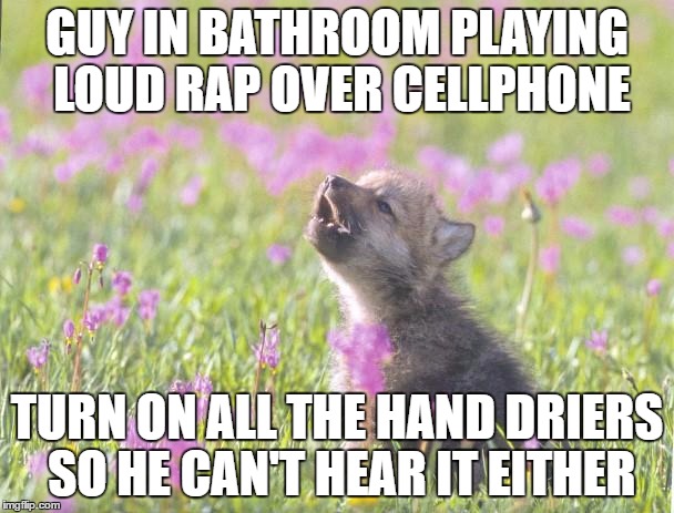 Baby Insanity Wolf | GUY IN BATHROOM PLAYING LOUD RAP OVER CELLPHONE; TURN ON ALL THE HAND DRIERS SO HE CAN'T HEAR IT EITHER | image tagged in memes,baby insanity wolf,AdviceAnimals | made w/ Imgflip meme maker