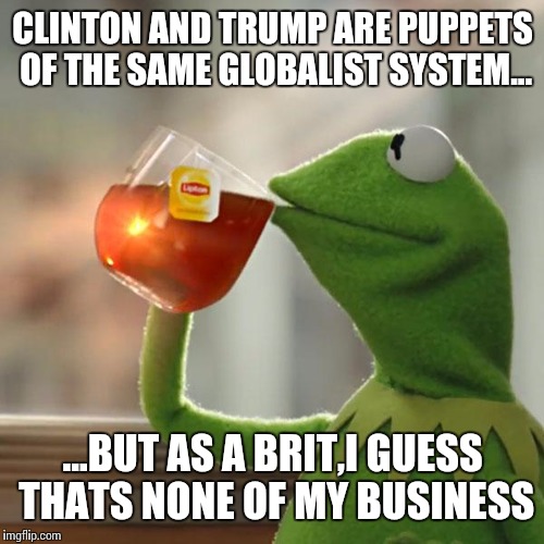 But That's None Of My Business Meme | CLINTON AND TRUMP ARE PUPPETS OF THE SAME GLOBALIST SYSTEM... ...BUT AS A BRIT,I GUESS THATS NONE OF MY BUSINESS | image tagged in memes,but thats none of my business,kermit the frog | made w/ Imgflip meme maker