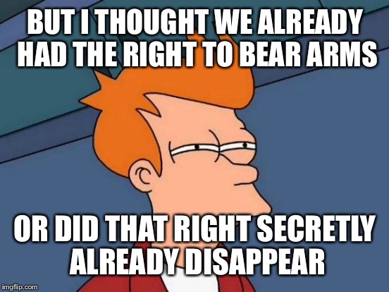 Futurama Fry Meme | BUT I THOUGHT WE ALREADY HAD THE RIGHT TO BEAR ARMS OR DID THAT RIGHT SECRETLY ALREADY DISAPPEAR | image tagged in memes,futurama fry | made w/ Imgflip meme maker