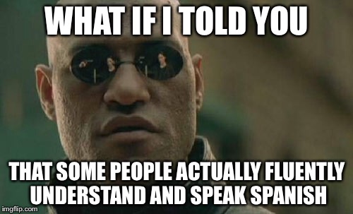 Matrix Morpheus Meme | WHAT IF I TOLD YOU THAT SOME PEOPLE ACTUALLY FLUENTLY UNDERSTAND AND SPEAK SPANISH | image tagged in memes,matrix morpheus | made w/ Imgflip meme maker