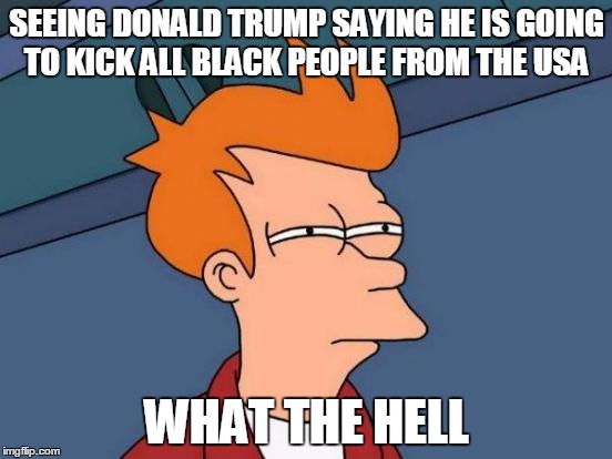 Futurama Fry Meme | SEEING DONALD TRUMP SAYING HE IS GOING TO KICK ALL BLACK PEOPLE FROM THE USA; WHAT THE HELL | image tagged in memes,futurama fry | made w/ Imgflip meme maker