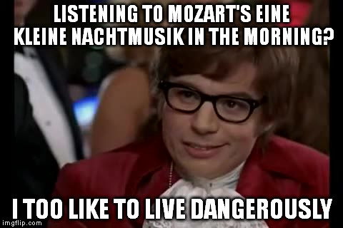 I Too Like To Live Dangerously | LISTENING TO MOZART'S EINE KLEINE NACHTMUSIK IN THE MORNING? I TOO LIKE TO LIVE DANGEROUSLY | image tagged in memes,i too like to live dangerously,mozart,eine kleine nachtmusik,morning,austin powers | made w/ Imgflip meme maker