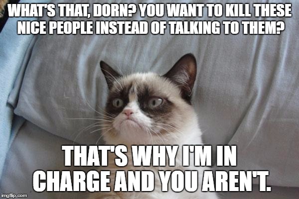 Grumpy Cat Bed Meme | WHAT'S THAT, DORN? YOU WANT TO KILL THESE NICE PEOPLE INSTEAD OF TALKING TO THEM? THAT'S WHY I'M IN CHARGE AND YOU AREN'T. | image tagged in memes,grumpy cat bed,grumpy cat | made w/ Imgflip meme maker