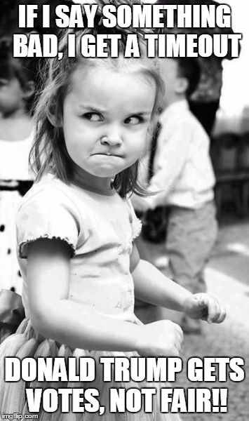 Angry Toddler Meme | IF I SAY SOMETHING BAD, I GET A TIMEOUT; DONALD TRUMP GETS VOTES, NOT FAIR!! | image tagged in memes,angry toddler | made w/ Imgflip meme maker