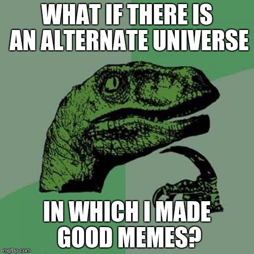 Philosoraptor | WHAT IF THERE IS AN ALTERNATE UNIVERSE; IN WHICH I MADE GOOD MEMES? | image tagged in memes,philosoraptor | made w/ Imgflip meme maker