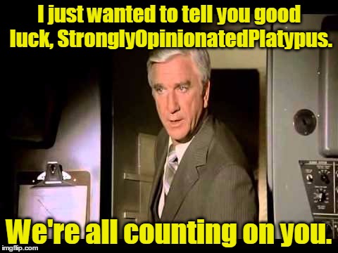 I just wanted to tell you good luck, StronglyOpinionatedPlatypus. We're all counting on you. | made w/ Imgflip meme maker