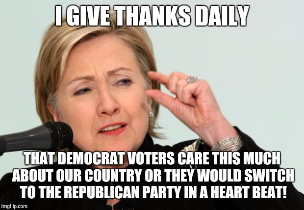 Hillary Clinton Fingers | I GIVE THANKS DAILY; THAT DEMOCRAT VOTERS CARE THIS MUCH ABOUT OUR COUNTRY OR THEY WOULD SWITCH TO THE REPUBLICAN PARTY IN A HEART BEAT! | image tagged in hillary clinton fingers | made w/ Imgflip meme maker