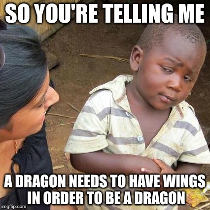 Third World Skeptical Kid | SO YOU'RE TELLING ME; A DRAGON NEEDS TO HAVE WINGS IN ORDER TO BE A DRAGON | image tagged in memes,third world skeptical kid | made w/ Imgflip meme maker