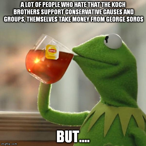 But That's None Of My Business | A LOT OF PEOPLE WHO HATE THAT THE KOCH BROTHERS SUPPORT CONSERVATIVE CAUSES AND GROUPS, THEMSELVES TAKE MONEY FROM GEORGE SOROS; BUT.... | image tagged in memes,but thats none of my business,kermit the frog | made w/ Imgflip meme maker