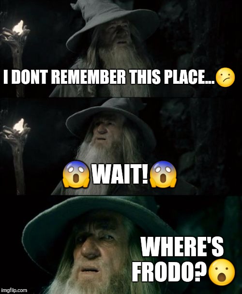 Confused Gandalf | I DONT REMEMBER THIS PLACE...😕; 😱WAIT!😱; WHERE'S FRODO?😮 | image tagged in memes,confused gandalf | made w/ Imgflip meme maker