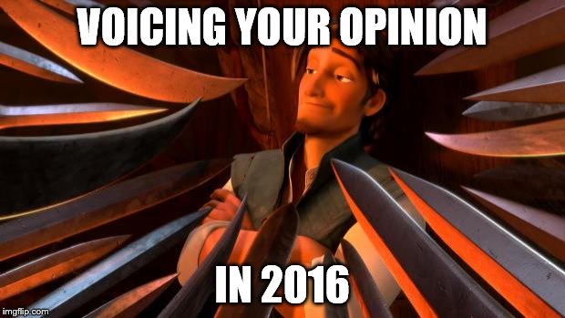 Flynn rider swords | VOICING YOUR OPINION; IN 2016 | image tagged in flynn rider swords | made w/ Imgflip meme maker