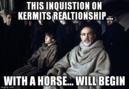 THIS INQUISTION ON KERMITS REALTIONSHIP.... WITH A HORSE... WILL BEGIN | made w/ Imgflip meme maker