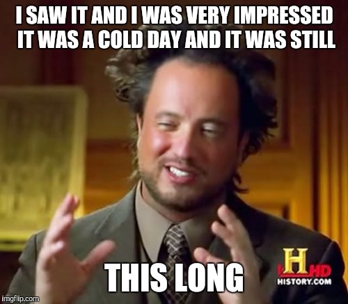 Ancient Aliens Meme | I SAW IT AND I WAS VERY IMPRESSED IT WAS A COLD DAY AND IT WAS STILL THIS LONG | image tagged in memes,ancient aliens | made w/ Imgflip meme maker