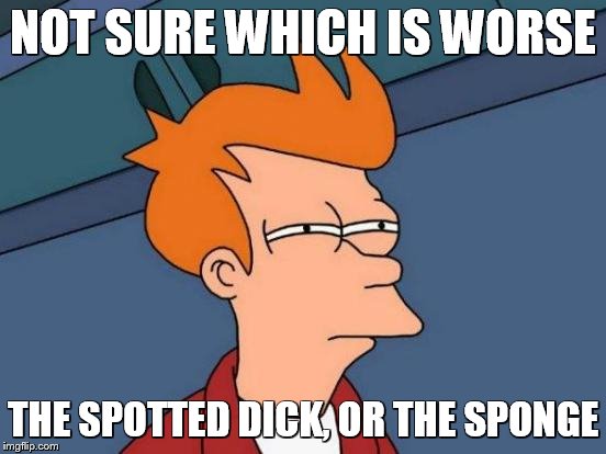 Futurama Fry Meme | NOT SURE WHICH IS WORSE THE SPOTTED DICK, OR THE SPONGE | image tagged in memes,futurama fry | made w/ Imgflip meme maker