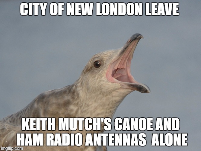 CITY OF NEW LONDON LEAVE; KEITH MUTCH'S CANOE AND HAM RADIO ANTENNAS  ALONE | image tagged in melissa roy | made w/ Imgflip meme maker