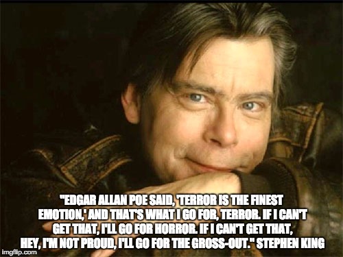 "EDGAR ALLAN POE SAID, 'TERROR IS THE FINEST EMOTION,' AND THAT'S WHAT I GO FOR, TERROR. IF I CAN'T GET THAT, I'LL GO FOR HORROR. IF I CAN'T GET THAT, HEY, I'M NOT PROUD, I'LL GO FOR THE GROSS-OUT." STEPHEN KING | image tagged in sk | made w/ Imgflip meme maker