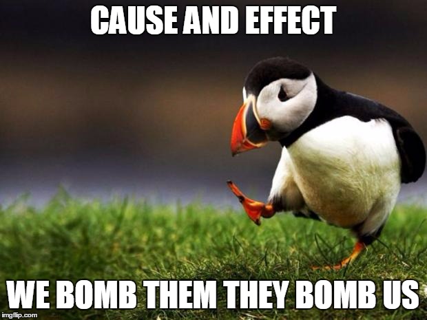 Unpopular Opinion Puffin | CAUSE AND EFFECT; WE BOMB THEM THEY BOMB US | image tagged in memes,unpopular opinion puffin | made w/ Imgflip meme maker