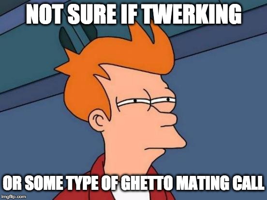 Twerking or Na? | NOT SURE IF TWERKING; OR SOME TYPE OF GHETTO MATING CALL | image tagged in memes,futurama fry,twerk,twerking,ghetto,ratchet | made w/ Imgflip meme maker
