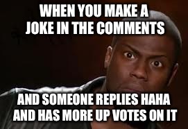 What the heck img flip |  WHEN YOU MAKE A JOKE IN THE COMMENTS; AND SOMEONE REPLIES HAHA AND HAS MORE UP VOTES ON IT | image tagged in memes,kevin hart the hell,comments,haha | made w/ Imgflip meme maker
