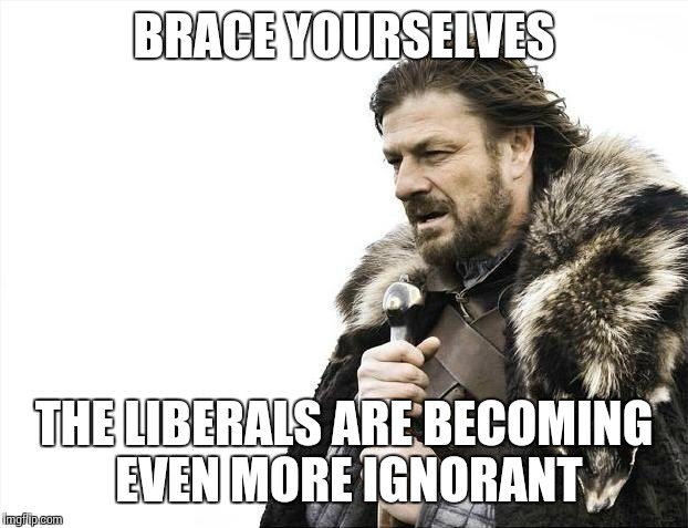 Brace Yourselves X is Coming | BRACE YOURSELVES; THE LIBERALS ARE BECOMING EVEN MORE IGNORANT | image tagged in memes,brace yourselves x is coming | made w/ Imgflip meme maker