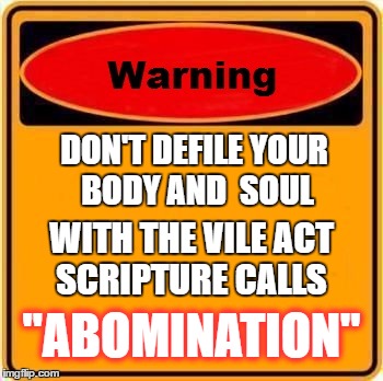Warning Sign Meme | DON'T DEFILE YOUR BODY AND  SOUL; WITH THE VILE ACT SCRIPTURE CALLS; "ABOMINATION" | image tagged in memes,warning sign | made w/ Imgflip meme maker
