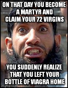 Angrymuslim | ON THAT DAY YOU BECOME A MARTYR AND CLAIM YOUR 72 VIRGINS; YOU SUDDENLY REALIZE THAT YOU LEFT YOUR BOTTLE OF VIAGRA HOME | image tagged in angrymuslim | made w/ Imgflip meme maker
