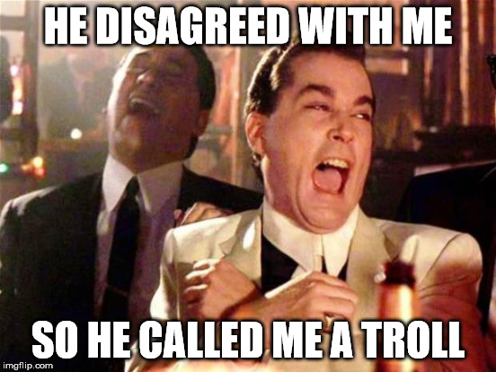 extreme logic | HE DISAGREED WITH ME; SO HE CALLED ME A TROLL | image tagged in duh,goodfellas | made w/ Imgflip meme maker