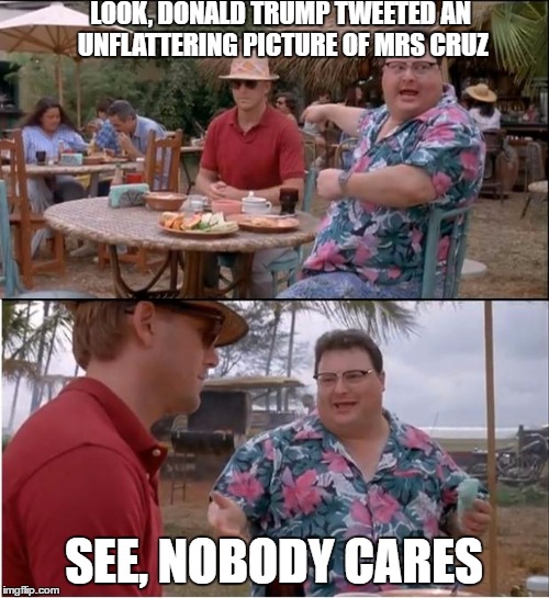 See Nobody Cares | LOOK, DONALD TRUMP TWEETED AN UNFLATTERING PICTURE OF MRS CRUZ; SEE, NOBODY CARES | image tagged in memes,see nobody cares | made w/ Imgflip meme maker