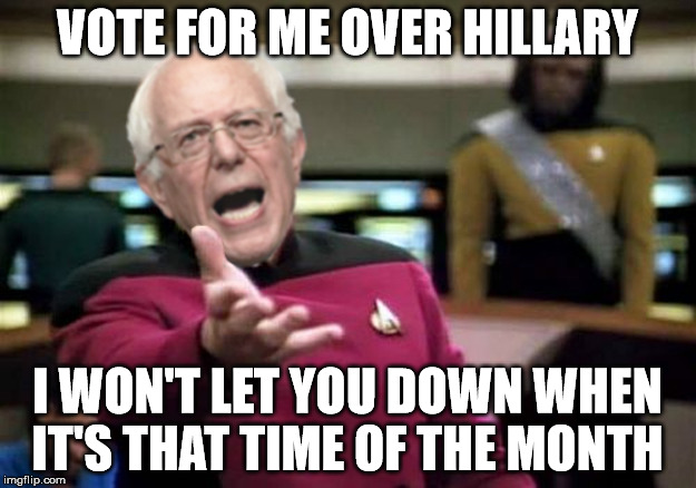 WTF Bernie Sanders | VOTE FOR ME OVER HILLARY; I WON'T LET YOU DOWN WHEN IT'S THAT TIME OF THE MONTH | image tagged in wtf bernie sanders | made w/ Imgflip meme maker