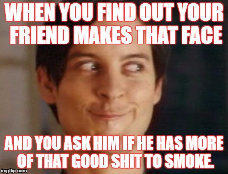 Spiderman Peter Parker | WHEN YOU FIND OUT YOUR FRIEND MAKES THAT FACE; AND YOU ASK HIM IF HE HAS MORE OF THAT GOOD SHIT TO SMOKE. | image tagged in memes,spiderman peter parker | made w/ Imgflip meme maker