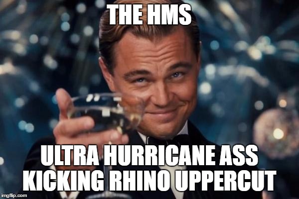 Leonardo Dicaprio Cheers Meme | THE HMS ULTRA HURRICANE ASS KICKING RHINO UPPERCUT | image tagged in memes,leonardo dicaprio cheers | made w/ Imgflip meme maker