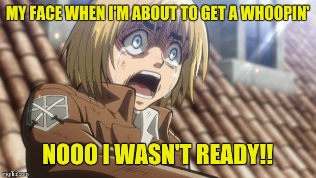 AAAAAAAAAAAGGGGGGHHHHHH | MY FACE WHEN I'M ABOUT TO GET A WHOOPIN'; NOOO I WASN'T READY!! | image tagged in attack on titan | made w/ Imgflip meme maker
