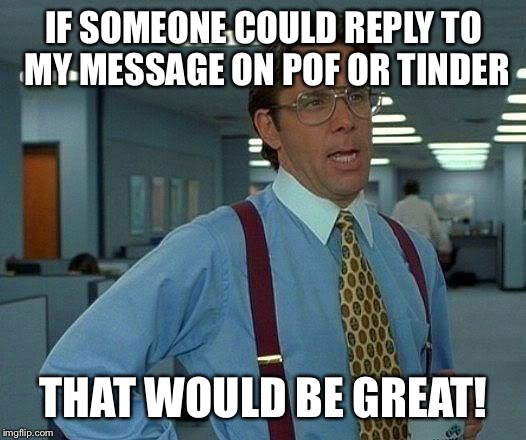That Would Be Great Meme | IF SOMEONE COULD REPLY TO MY MESSAGE ON POF OR TINDER; THAT WOULD BE GREAT! | image tagged in memes,that would be great | made w/ Imgflip meme maker