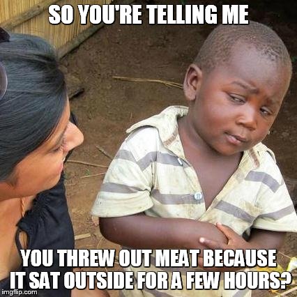 Third World Skeptical Kid | SO YOU'RE TELLING ME; YOU THREW OUT MEAT BECAUSE IT SAT OUTSIDE FOR A FEW HOURS? | image tagged in memes,third world skeptical kid | made w/ Imgflip meme maker