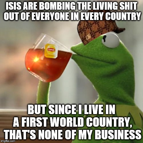 But That's None Of My Business | ISIS ARE BOMBING THE LIVING SHIT OUT OF EVERYONE IN EVERY COUNTRY; BUT SINCE I LIVE IN A FIRST WORLD COUNTRY, THAT'S NONE OF MY BUSINESS | image tagged in memes,but thats none of my business,kermit the frog,scumbag | made w/ Imgflip meme maker