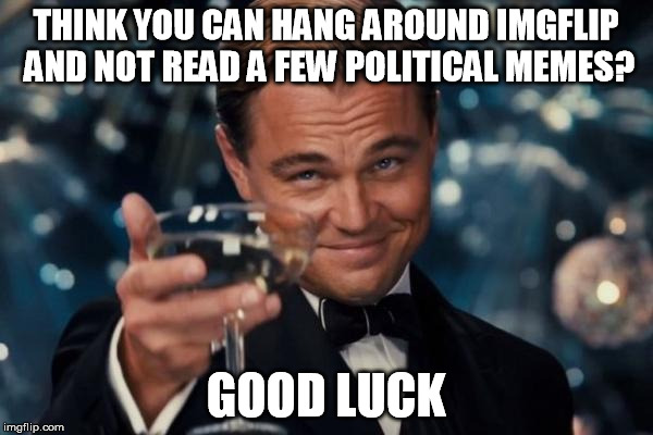 Leonardo Dicaprio Cheers Meme | THINK YOU CAN HANG AROUND IMGFLIP AND NOT READ A FEW POLITICAL MEMES? GOOD LUCK | image tagged in memes,leonardo dicaprio cheers | made w/ Imgflip meme maker